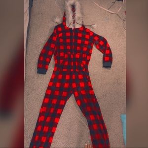 Plaid onesie with fuzzy hood